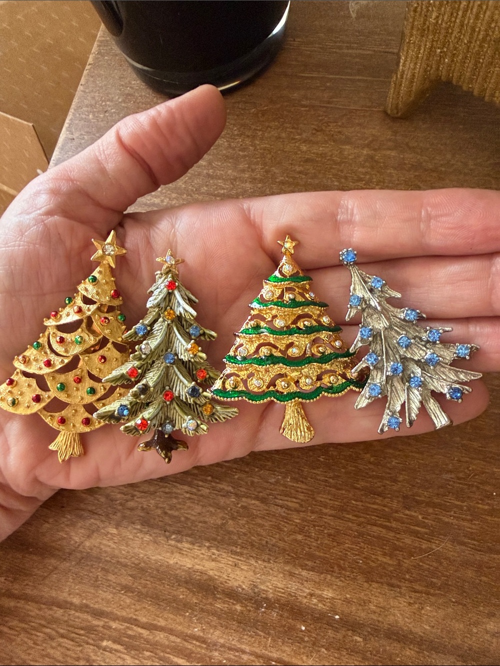 Vintage Christmas Tree Brooch Set - Gold, Green, Silver, blue 4 marked!